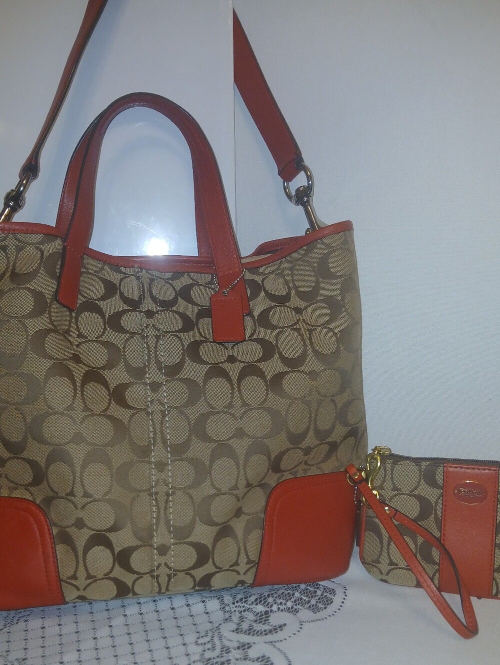 Coach Hadley  Brown Signature Tote with Red Leather Trim and Matching Wristlet